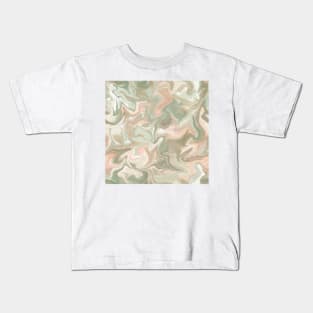 Silver Sage Silk Marble - Light Sage Green, Peach, and Off White Liquid Paint Pattern Kids T-Shirt